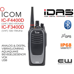 Icom F3400D (VHF) og F4400D (UHF) Håndholdt Digital (Idas) & analog radio (IP68, GPS, Bluetooth)